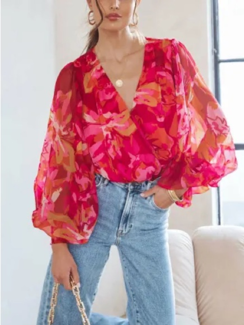 NWT Sheer Fuchsia Floral Wrap bodysuit  - Women's Top